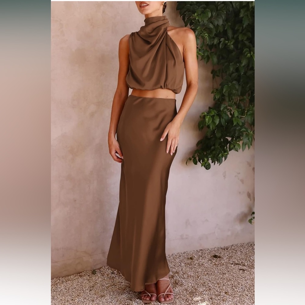 Brown Satin 2 Piece Dress